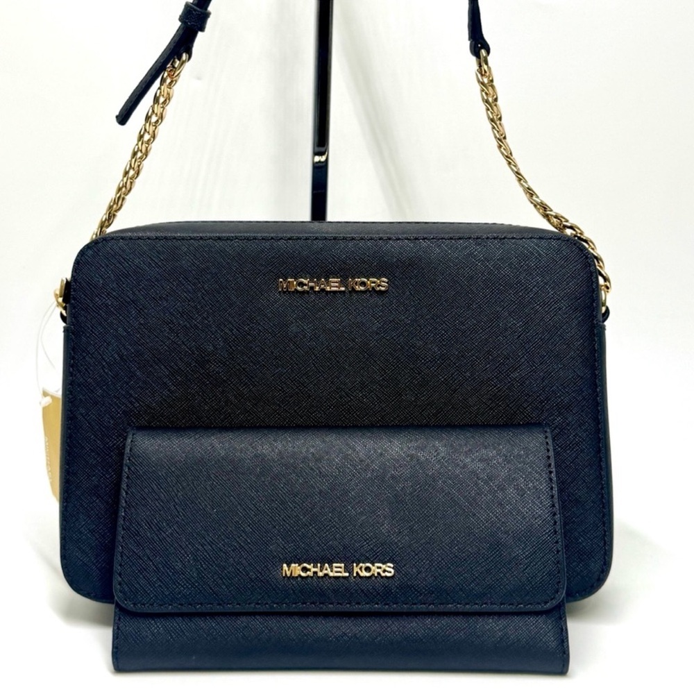 Michael Kors Jet Set Large Logo Crossbody Bag & Matching Trifold Wallet Black - Picture 2 of 11